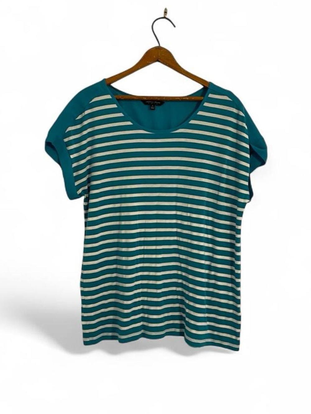 Christian Siriano Women's L Teal White Stripe Dressy Tee Top Stretch Summer